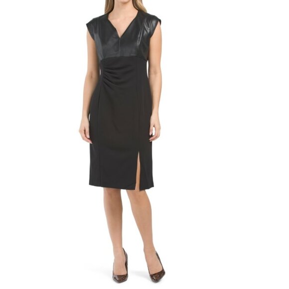 ELLEN TRACY Pleated Waist, mixed media Black  Dress - Picture 1 of 2